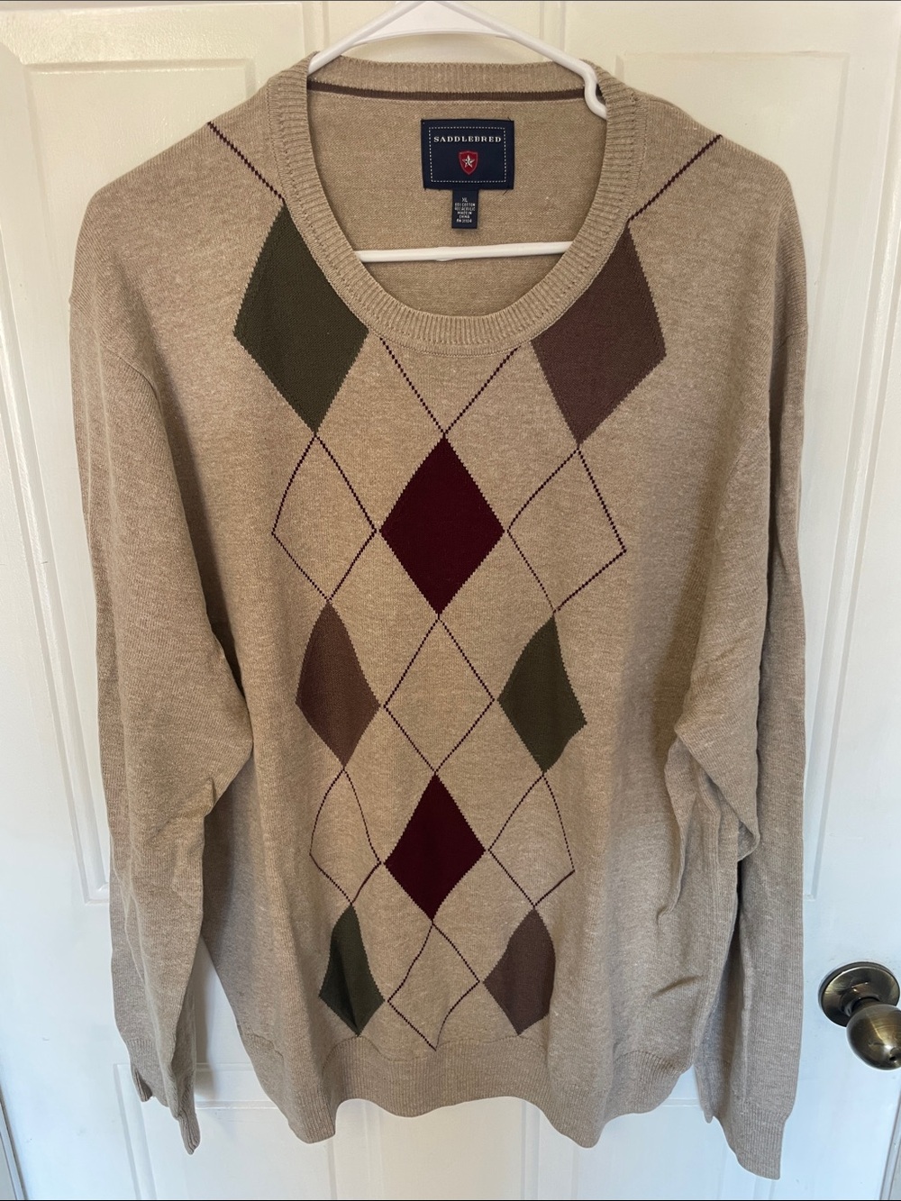 Saddlebred Tan Argyle Crewneck Sweater with Burgundy & Olive Diamonds